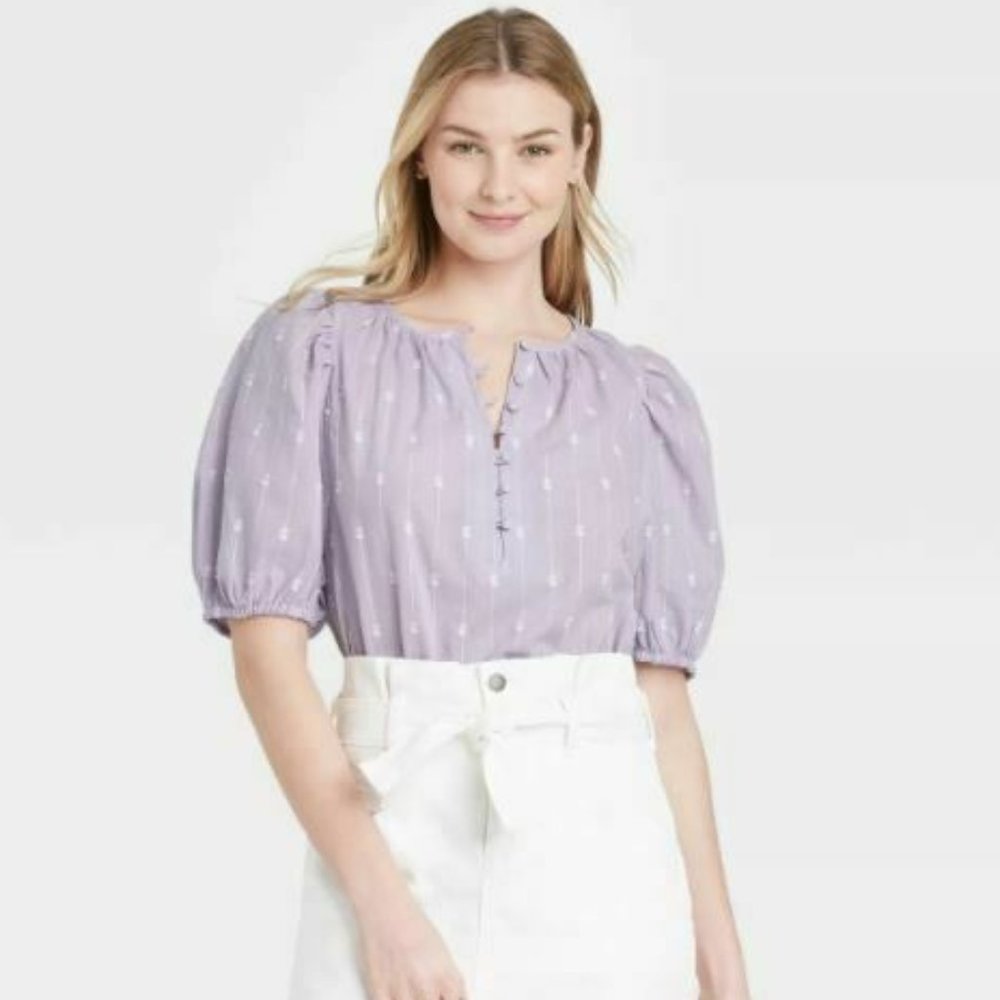 Women's Puff Elbow Sleeve Button-Down Blouse